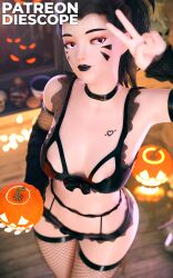 1girls 3d armwear belly belly_button black_hair black_lipstick blender blizzard_entertainment breasts choker clothed clothing d.va detailed_background female female_focus female_only fishnet fishnet_armwear fishnet_legwear fishnet_stockings fishnets gamer_girl glowing glowing_eyes goth goth_girl gothic halloween halloween_2023 hi_res highres jack-o'-lantern lamp legs legwear light_skin looking_at_viewer necklace overwatch overwatch_2 pink_eyes pose posing realistic solo solo_female solo_focus stockings tattoo thick_thighs thighhighs thighs