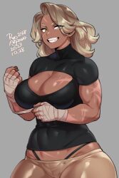 athletic_female big_breasts blonde_hair boob_window cleavage dark-skinned_female dark_skin dirty_blonde_hair fang hand_wraps muscle_girl muscular muscular_female original ryo_agawa scar scars