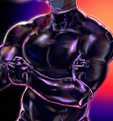 buckle fully_clothed latex mechanical muscular muscular_male pinup robot shiny shiny_clothes steelforgecanis