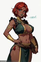 abdomen abs ai_generated alexandhotdogai armlet bracelet bracelets breath_of_the_wild covered_nipples dark-skinned_female dark_skin earrings enormous_breasts gerudo gerudo_outfit gerudo_top green_clothing hands_on_hips harem_girl harem_outfit harem_pants huge_breasts jewelry large_breasts lipstick loincloth long_legs makeup midriff midriff_baring_shirt princess_zelda red_hair stable_diffusion taller_girl tan_body tan_skin tears_of_the_kingdom the_legend_of_zelda thong wide_hips zelda_(tears_of_the_kingdom)