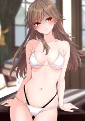 1girls 2020s 2023 alternate_costume arashio_(kantai_collection) arm_support ass_visible_through_thighs bare_shoulders bikini blurry blurry_background breasts breasts_apart brown_eyes brown_hair closed_mouth collarbone female female_only gluteal_fold halterneck hands_on_table head_tilt indoors kantai_collection light-skinned_female light_skin long_hair looking_at_viewer medium_breasts multi-strapped_bikini navel nitamako_(sakamalh) shaded_face smile solo solo_female standing stomach swimsuit white_bikini