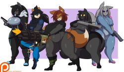 allyson_(dewwydartz) big_breasts breasts dee(dewwydartz) dewwydartz female furry gun huge_breasts maddie(dewwydartz) may_(dewwydartz) minigun rino_sato slightly_chubby thick_thighs wide_hips