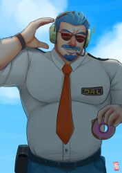 animal_crossing bara beard blue_hair body_hair clothing doctor_anfelo doughnut facial_hair fully_clothed gijinka male male_only muscles muscular nintendo solo solo_male wilbur_(animal_crossing)