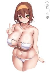 cowboy_shot heart-shaped_pupils horny_female huge_breasts kantai_collection licking_lips mask_bikini shiratsuyu_(kantai_collection) signature tf_cafe thick_thighs twitter_username v wide_hips