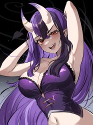 armpit cleavage hands_behind_head hannahhyrule indie_virtual_youtuber large_breasts nifurawa oni oni_horns pirate_girl purple_hair virtual_youtuber