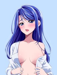 1girls aged_up blue_hair blush breasts clothing female kibou_no_chikara:_otona_precure_23 light-skinned_female light_blue_background minazuki_karen opeletaaa open_shirt precure pretty_cure small_breasts solo undressing yes!_precure_5