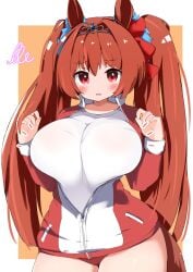 animal_ears breast_press breasts breasts_out brown_hair buruma daiwa_scarlet_(umamusume) female hair_intakes highres horse_ears horse_girl horse_tail jacket large_breasts long_hair looking_at_viewer mihihusuzu oerba_yun_fang open_mouth pink_eyes skin_fang solo tail thigh_gap tiara track_jacket translated twintails umamusume very_long_hair