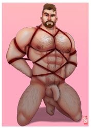 balls bara body_hair bondage doctor_anfelo facial_hair flaccid hands_behind_back male male_only muscles muscular nude penis rope rope_bondage solo solo_male