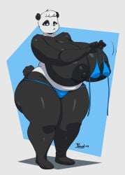 2023 anthro areola_slip bear big_areola big_breasts big_nipples breasts chubby clothing dark_nipples dialogue english_text female female_only fur furry furry_only giant_panda huge_breasts joaoppereiraus large_breasts nipple_bulge nipple_slip panda solo_female solo_focus sueli_(joaoppereiraus) swimsuit tagme text thong