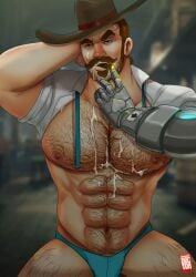 balls bara body_hair bulge cigar cole_cassidy cum cum_on_chest cum_on_face doctor_anfelo facial_hair hat male male_only moustache muscles muscular overwatch penis prosthetic_arm robotic_arm solo solo_male