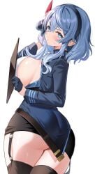 ako_(blue_archive) annoyed blue_archive blush board cowboy_shot embarrassed gehenna_academy_student holding_object huge_breasts large_ass large_breasts large_thighs prefect_team_(blue_archive) raised_eyebrows sideboob sweatdrop thick_thighs wide_hips