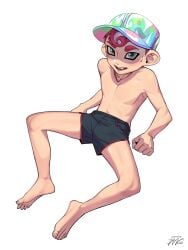 1boy 2022 barefoot clothing dangisjust hat light-skinned_male light_skin looking_at_viewer male male_only octoling octoling_boy partially_clothed shorts splatoon sweatdrop thighs twink