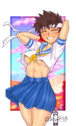 1girls algozhell areola_slip arms_behind_head closed_eyes no_bra sakura_kasugano smile solo street_fighter underboob