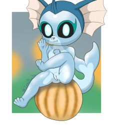 anthro black_sclera eeveelution female fin food fruit generation_1_pokemon genitals gesture glowing glowing_eyes halloween hi_res holidays humanoid izzipurrito looking_at_viewer nintendo nude outside plant pokemon pokemon_(species) pumpkin pumpkin_patch pussy raised_leg sitting sitting_on_food solo spread_legs spreading vaporeon waving waving_at_viewer young