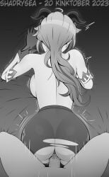 1boy 1girls 2d 2d_(artwork) ass black_and_white doggy_style female ganyu_(genshin_impact) genshin_impact horns light_skinned_female light_skinned_male long_hair looking_away male male/female mihoyo partially_clothed sex sex_from_behind shadrysea tagme