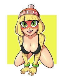 arms_(game) astrozolt_(artist) bangs big_eyes black_bra blonde blonde_female blonde_hair blonde_hair_female bob_cut boobs bra breast_squeeze breasts clothed collarbone cute green_eyes happy hat light-skinned_female light_skin mask min_min_(arms) nintendo nintendo_switch on_fours partially_clothed ready_to_fuck short_hair simple_background smile smiling smiling_at_viewer thick_thighs thighs top_view wristband