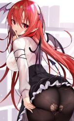 ass big_breasts demon demon_girl efe finger_in_mouth heart_cutout hole_in_pants koakuma mature_female pantyhose pointy_ears red_hair succubus touhou wings wings_on_head