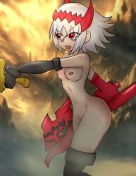 ass dat_ass dragon_girl dragon_horns dragon_marked_for_death empress_(dmfd) horn inti_creates monster_girl nude pierced_nipples piercing principenegro red_eyes red_scales scales scar sword thighhighs weapon white_hair