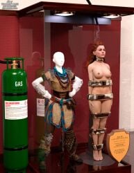 1girls 3d aloy barefoot bdsm big_breasts bondage bound bound_arms bound_legs chloroform completely_nude completely_nude_female english english_text feet gas horizon_zero_dawn large_breasts mannequin nude nude_female orange_hair plaque red_hair redhead thejpeger toes trophy_case unconscious