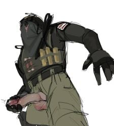 1boy 1male balls bomilek60088 call_of_duty call_of_duty_modern_warfare_2_(2022) cock cum fully_clothed gloves jerkingoff konig male male_only masked_male masturbation military penis tactical_gear tactical_vest