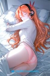 1girl 1girls ai_generated akame_ga_kill! ass ass_focus bed bedroom blush chelsea_(akame_ga_kill!) closed_eyes cute female headphones in_bed long_hair orange_hair pink_panties sleeping white_shirt zelanell