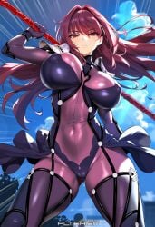 1girls ai_generated alterism big_breasts bodysuit curvaceous curvy expressionless fate/grand_order fate_(series) female_focus gae_bolg glaring hair_intakes holding_weapon hourglass_figure huge_breasts impossible_clothes impossible_fit light-skinned_female light_skin long_hair looking_at_viewer outdoors pauldrons purple_hair red_eyes scathach_(fate) shiny_clothes skin_tight solo solo_focus standing thick_thighs weapon wide_hips