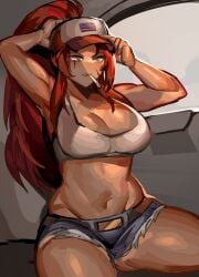1girl big_breasts booty_shorts cigarette gebura_(lobotomy_corporation) library_of_ruina lobotomy_corporation morchkins muscular_female ponytail project_moon red_hair scar_on_face scars_on_face tank_top thick_thighs trucker trucker_hat yellow_eyes