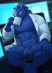 1boy 4_fingers abs aledonrex anthro balls beast_(x-men) blue_body blue_fur blue_hair chair claws clothing detailed_background drinking eyewear feet fingers flaccid fur furniture genitals glasses hair hank_mccoy hi_res holding_mug holding_object humanoid humanoid_genitalia humanoid_penis male male_only marvel mug muscular muscular_anthro muscular_humanoid muscular_male nipples office_chair pecs penis screen shirt sitting solo topwear vein veiny_penis white_clothing white_shirt white_topwear x-men yaoi