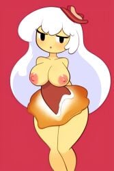 :o adventure_time ai_generated arms_behind_back bacon bangs big_breasts black_eyes blush breakfast_princess breasts breasts_out cartoon_network curvy curvy_figure dress long_hair nipples perky_breasts pixai thick_thighs white_hair yellow_skin