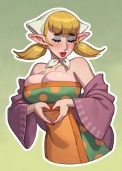 1girls 2024 blonde_hair blush breast_squish breasts cleavage closed_eyes clothing eyeshadow female female_focus female_only heart_hands hi_res mole mole_above_mouth nintendo peatrice pointy_ears red_lipstick rizdraws skyward_sword smile solo the_legend_of_zelda very_high_resolution