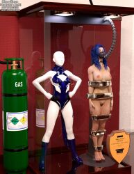 3d blue_hair bound bound_arms bound_legs completely_nude completely_nude_female mannequin nude nude_female original original_character thejpeger trophy_case unconscious unconscious_female