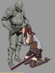 1boy 1girls 2010 armor armour brown_hair cleavage fellatio female fiona_(mabinogi) hair high_heels knight male mugensaku oral skirt sucking sword thighhigh_boots vindictus weapon