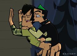 2boys accurate_art_style against_wall anal anal_sex ass big_penis black_hair bottomless_male clenched_teeth closed_eyes cock dick doggy_style duncan_(tdi) gay green_hair tdda19 total_drama_island trent_(tdi) yaoi