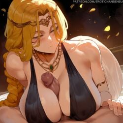 1boy 1boy1girl 1girls ai_assisted ai_generated armlet artist_name blonde_hair blush blush_lines boobjob braid braided_ponytail circlet cleavage closed_mouth dress elden_ring erotic_nansensu female female_focus fromsoftware gold_jewelry half-closed_eyes hand_on_another's_thigh jewelry large_breasts long_hair looking_to_the_side necklace paizuri paizuri_under_clothes parted_bangs partial_male patreon_username penis petals pov queen_marika_the_eternal single_braid solo_focus straight tarnished uncensored url very_long_hair yellow_eyes