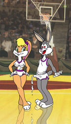 anthro basketball_court bugs_bunny bulge clothes crotch_bulge cum dennis_clark duo_focus eye_contact female fur furry indoors lola_bunny looking_aside looking_at_another looney_tunes male mammal rabbit space_jam standing tagme