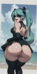 1girls ai_generated anus ass beach big_ass big_butt blindfold cosplay green_hair hatsune_miku looking_at_viewer looking_back nier:_automata no_panties open_mouth pussy short_skirt solo_female thighhighs twintails uncensored vocaloid yorha_2b_(cosplay)