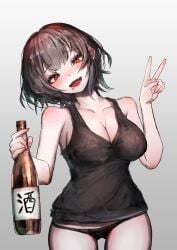 100_kanojo 1girls absurdres alcohol blush bonnouji_momoha bottle breasts chumji drunk female highres kimi_no_koto_ga_dai_dai_dai_dai_daisuki_na_100-nin_no_kanojo large_breasts panties peace_sign sake sake_bottle short_hair the_100_girlfriends_who_really_really_really_really_really_love_you underwear v