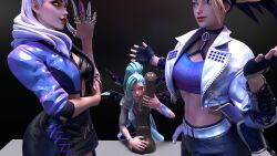 3d 3d_(artwork) 3girls akali_jhomen_tethi alternate_version_available blender blender_(software) blender_cycles blonde_hair blue_hair clothed clothes comic_cover erevos evelynn female_only holding_dildo holding_object horsecock_dildo hugging image_set jacket k/da_all_out_akali k/da_all_out_evelynn k/da_all_out_seraphine k/da_all_out_series league_of_legends no_penetration seraphine_(league_of_legends) skirt teal_hair textless two_tone_hair white_hair yellow_eyes