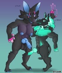 absurd_res animal_genitalia anthro balls big_breasts blue_nipples breasts canid canine cerberus_(fortnite) crawling duo epic_games erection female fortnite futa_on_male genitals hi_res intersex knot male male/female mammal muscular nipples pack_leader_highwire penis predator/prey sheath size_difference srcook