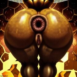 1girls ai_generated anus arthropod arthropod_abdomen ass bee bee_girl bent_over darkeffect darkened_genitalia exoskeleton female_only honey honeycomb honeycomb_(pattern) honeycomb_background insects presenting_hindquarters puffy_anus pussy queen_bee rear_view thigh_gap wide_hips