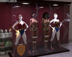 2girls 3d black_hair bound bound_arms bound_legs completely_nude completely_nude_female dc dc_comics large_breasts mannequin nude nude_female thejpeger trophy_case wonder_girl wonder_woman wonder_woman_(series)