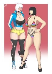 1boy 1futa 1girls 2024 angry_face big_breasts bikini black_hair blackhornet blasa_zwieg blue_eyes blush blushing_lines bob_cut breasts brown_eyes bulge chibi clothed clothing digital_art digital_drawing digital_drawing_(artwork) digital_media_(artwork) duo_focus female fully_clothed futa_bulge futa_with_female futanari goth goth_girl hand_on_hip hands_behind_back heels hi_res highres huge_cock human jacket jacket_open larkin_love light-skinned_female light-skinned_futanari light_skin lipstick looking_at_another male miniboy mostly_nude necklace nylon_stockings nylons rainbow_bikini red_lipstick red_nails short_hair shorts shy_smile size_difference standing starstruck stockings tattoo tattoo_on_arm tattoo_on_belly tattooed_arm tattooed_female tattoos white_hair white_hair_female yellow_shorts