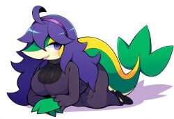 ai_generated anthro big_breasts blush breasts clothing dress female feral generation_5_pokemon green_body hair hellsonger hi_res nintendo pokemon pokemon_(species) simple_background snex_maniac snivy solo white_background