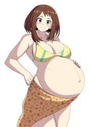 1girls belly big_belly big_breasts bikini_top breasts brown_hair cleavage cute female hand_on_belly happy huge_breasts looking_at_viewer my_hero_academia ochako_uraraka pregnant smile smiling_at_viewer solo stretch_marks yuhacyan