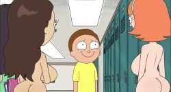 1boy 3girls backboob big_ass big_breasts casual casual_nudity clothed_female_nude_female clothed_male_nude_female edit female hallway hanging_breasts holly_hooks huge_breasts jessica_(rick_and_morty) morty_smith nerota nude public public_nudity rick_and_morty school schoolgirl student teasing tricia_lange