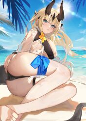 1girls 2024 arknights artist_request ass ass_focus beach big_ass bikini blonde_hair blush bra dragon_girl hi_res horns legs_together light-skinned_female light_skin looking_at_viewer lying lying_on_side outdoors outside panties reed_(arknights) solo swimsuit swimwear tail thigh_strap wet