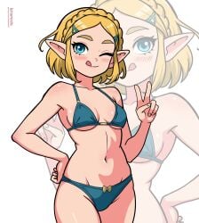 1girls :9 :p bikini blonde_hair blue_bikini blue_eyes blush female hylian kiramochi licking_lips one_eye_closed peace_sign pointy_ears princess_zelda short_hair solo solo_female tears_of_the_kingdom the_legend_of_zelda zelda_(tears_of_the_kingdom)