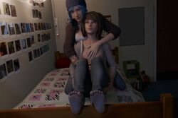 2girls 3d blue_hair chloe_price enigmaj feet female_focus female_only hand_on_chest life_is_strange light-skinned_female looking_at_viewer max_caulfield nipples tattoo yuri