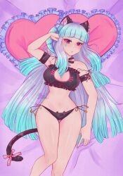 bell berylvegha blush breasts cat_ears cat_lingerie cat_tail cyan_hair heart_pillow on_bed purple_eyes white_hair