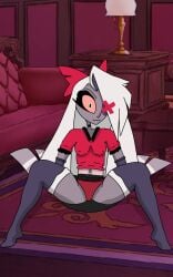 clothed clothing hazbin_hotel looking_at_viewer panties revealing_clothes series spread_legs tv upskirt vaggie_(hazbin_hotel)